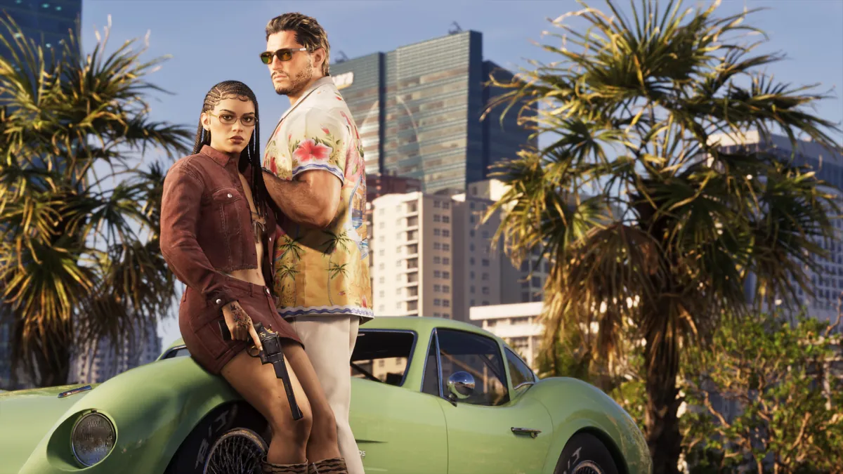 Jason and Lucia beside a green car in official Grand Theft Auto VI Ultimate Edition artwork