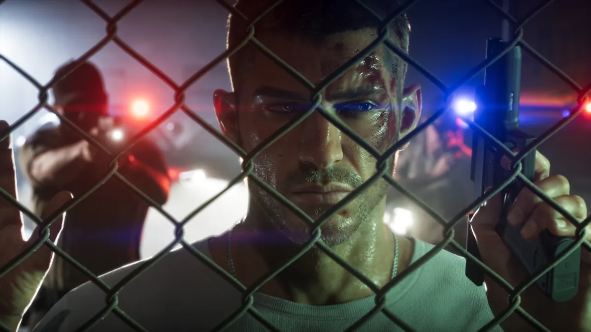 Jason Duval behind a chain-link fence in an official Grand Theft Auto VI screenshot