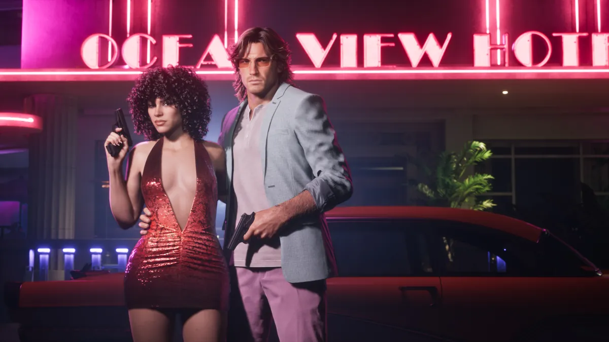 Jason and Lucia in front of the Ocean View Hotel in official Vintage Vice City Pack artwork