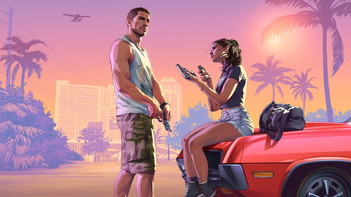 Jason and Lucia, the lead characters of Grand Theft Auto VI, in official Rockstar artwork